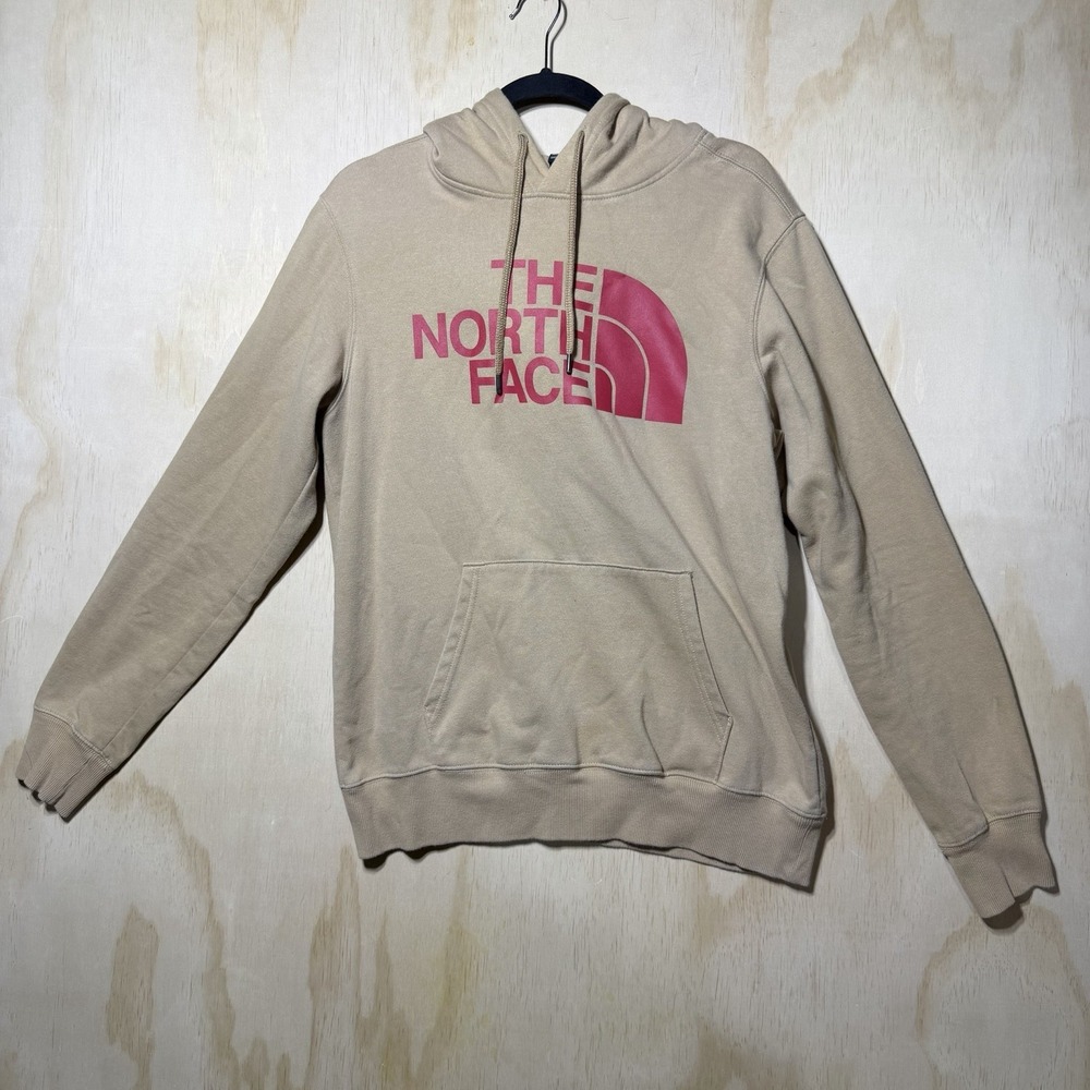 The North Face Hoodie Mens Medium Tan Pink Logo‎ Pullover Sweatshirt Casual